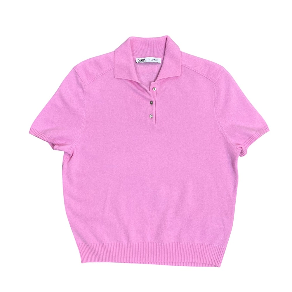 Zara Womens Pink 100% Wool Short Sleeve Knit Polo Sweater Top Size M 2893/112